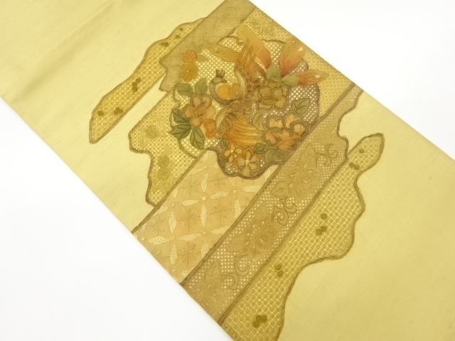 JAPANESE FUKURO OBI / TSUMUGI / EMBROIDERY / FLOWER ARABESQUE
